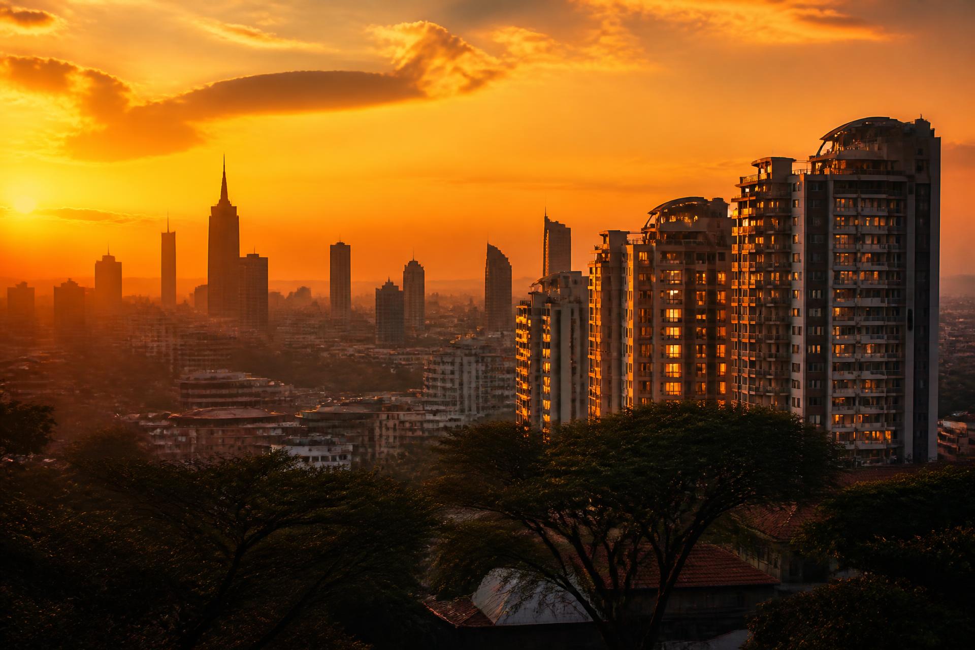 Nairobi skyline at golden hour with apartment windows glowing